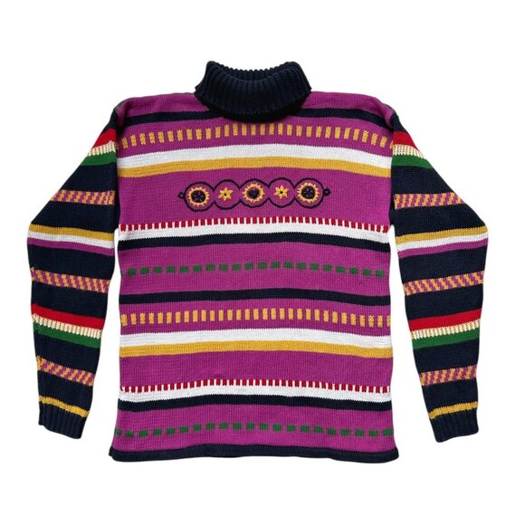 90s vintage striped turtleneck sweater sunflower embroidery quirky  retro Mexx. - Picture 1 of 8
